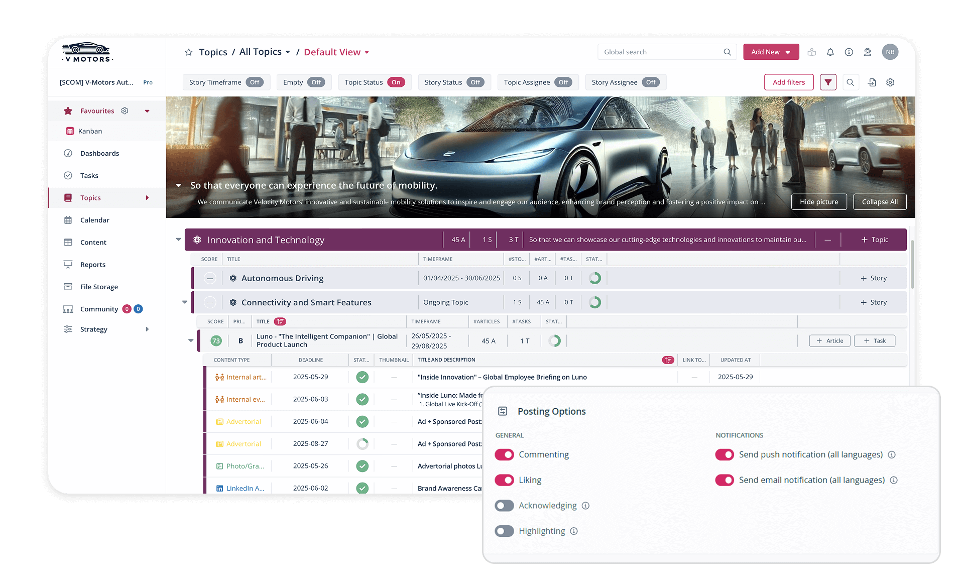 Automotive software dashboard for content management, optimizes internal communication and topic planning.