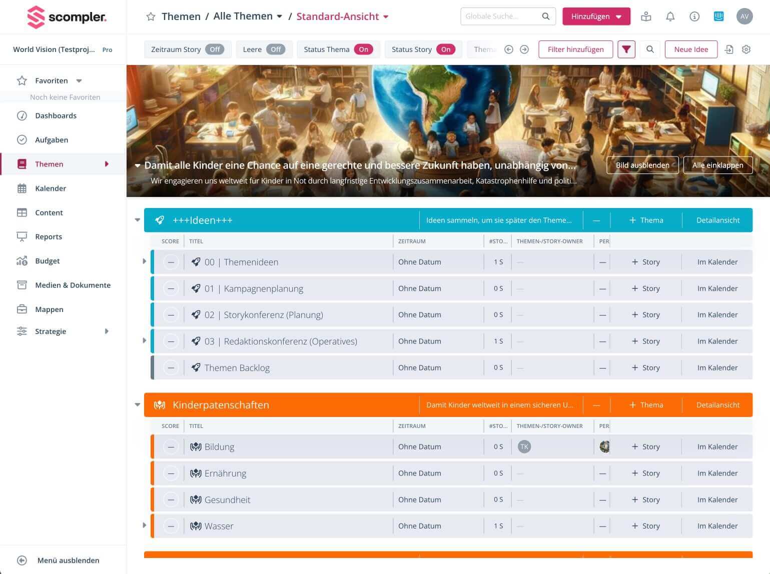 Die Benutzeroberfl&auml;che von Scompler zeigt Remote Work Vorteile durch effiziente Kampagnen- und Themenplanung.