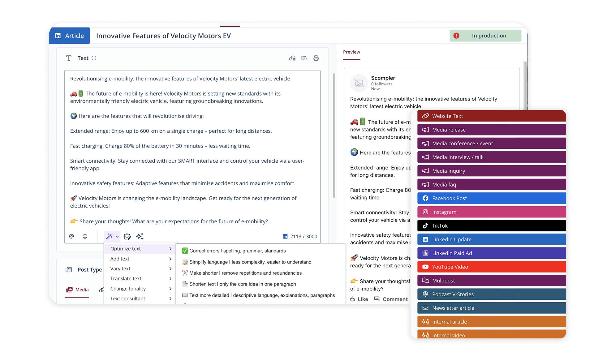 Modernes Content-Management mit KI-Texthilfe zur Textoptimierung f&uuml;r soziale Medien wie LinkedIn oder Facebook.