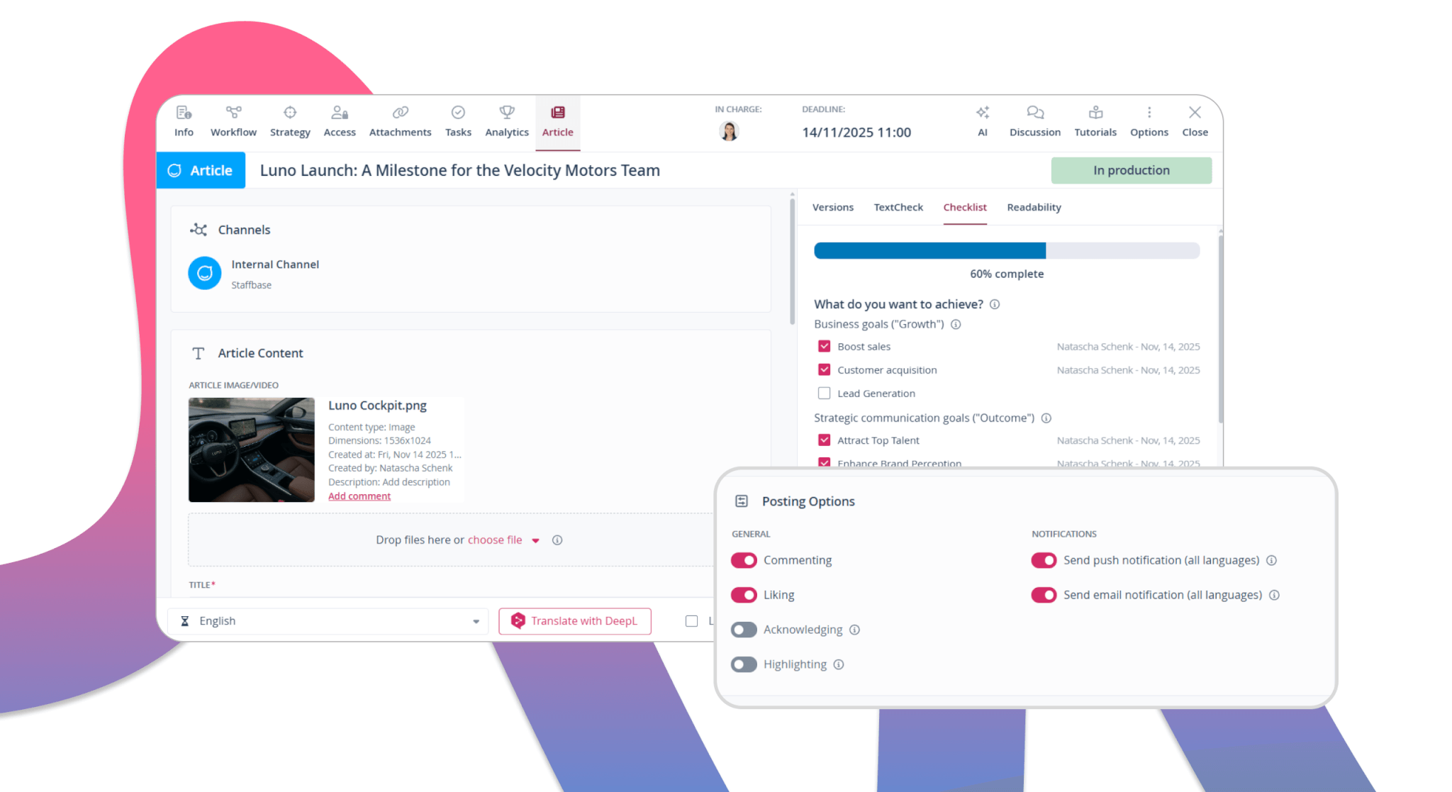 Redaktionssystem mit Fokus auf Content-Management und individuellen Einstellungen für neue Beiträge.