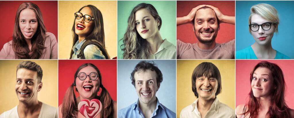 Portrait collage of happy people: Content marketing: The better option, social media? As a path to authentic communication.