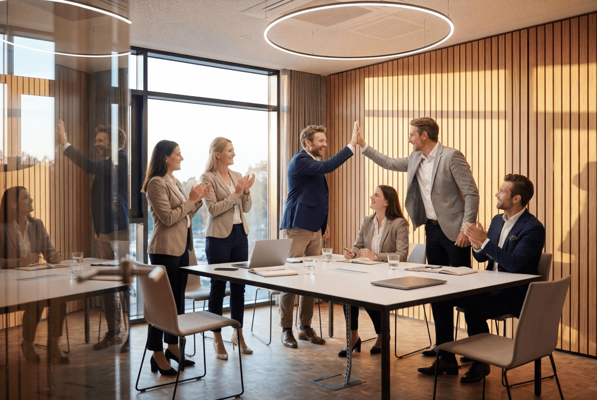 Team feiert die 3 Erfolgsfaktoren einer starken Kommunikationsstrategie im modernen B&uuml;ro.
