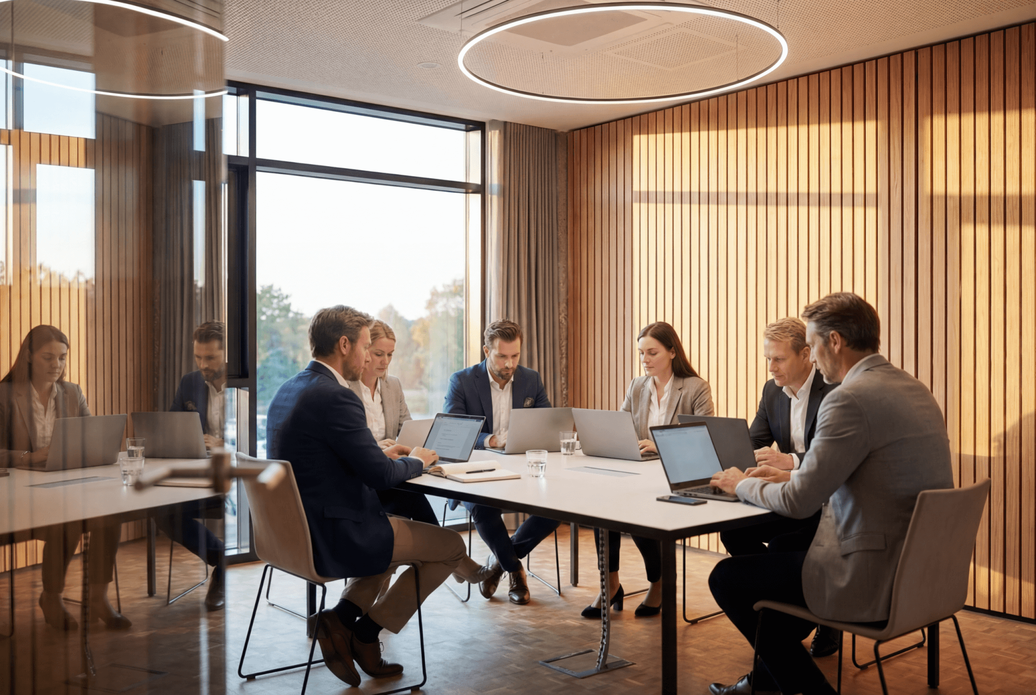 Ein fokussiertes Team im Besprechungsraum, das gemeinsam eine Kommunikationsstrategie  in 6 Schritten entwickelt.