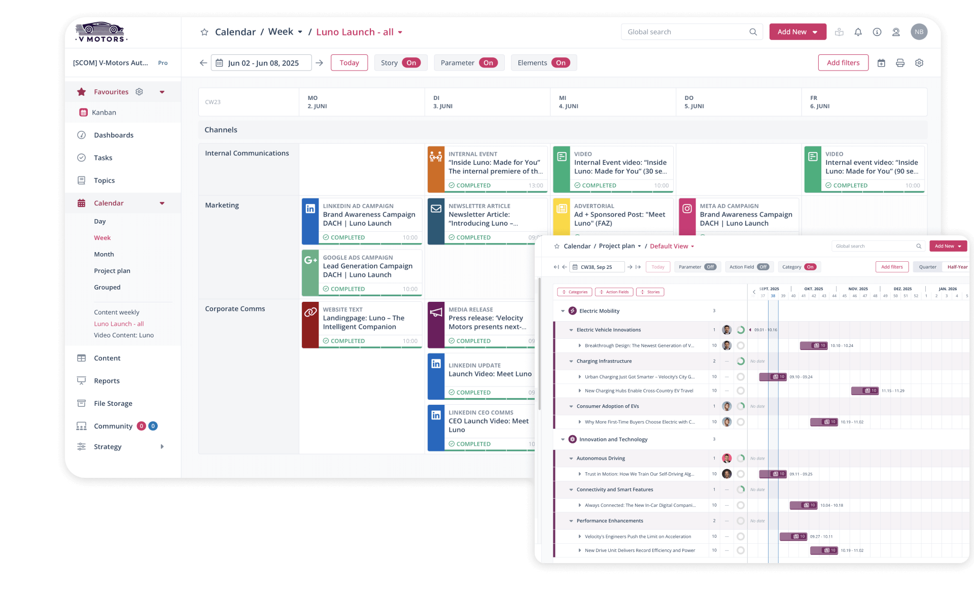 Digital marketing calendar shows project planning and content planning for a campaign in weekly view.