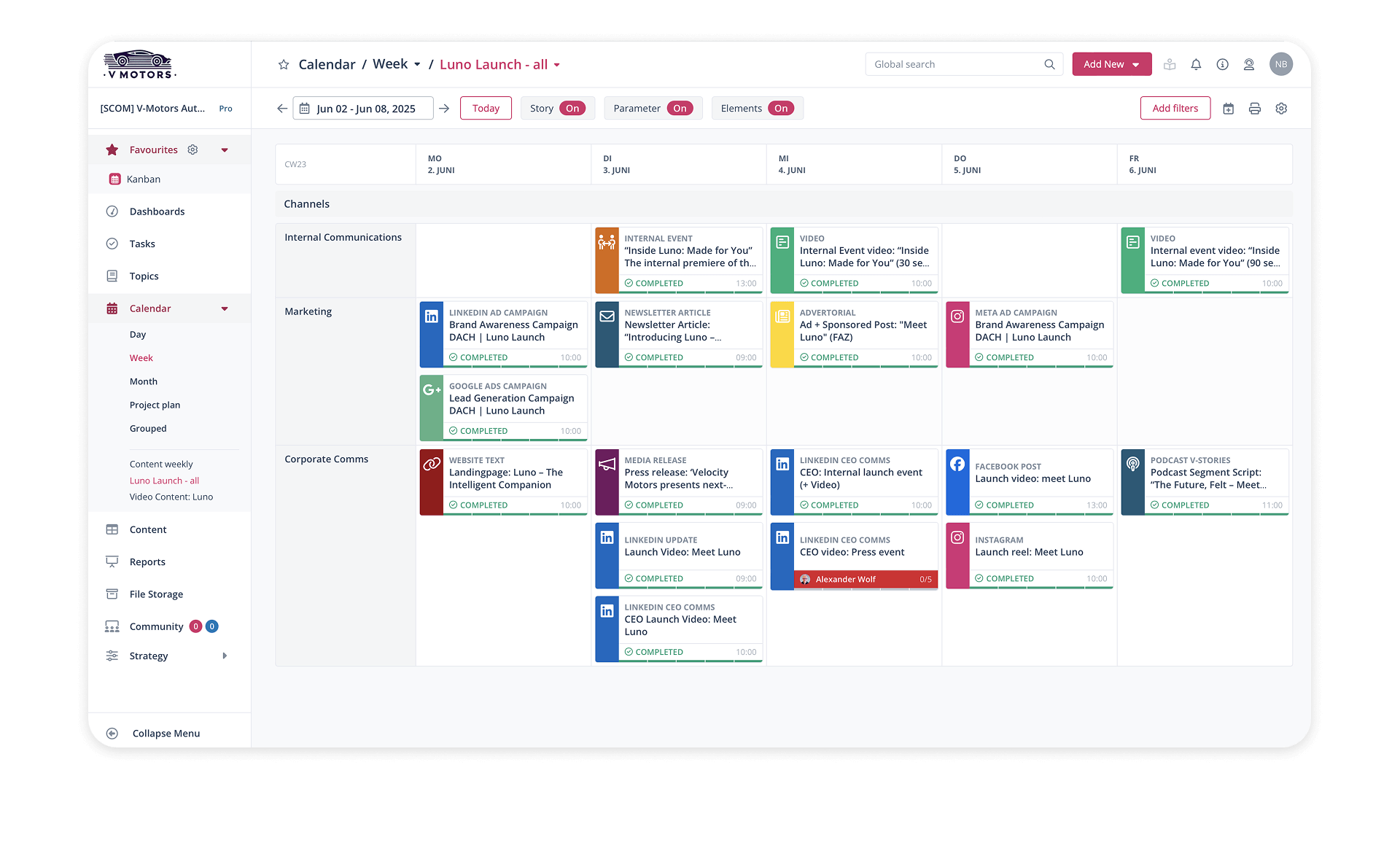 Digitaler Redaktionskalender zeigt die Marketing Planung und Projekt&uuml;bersicht f&uuml;r eine w&ouml;chentliche Kampagnensteuerung.