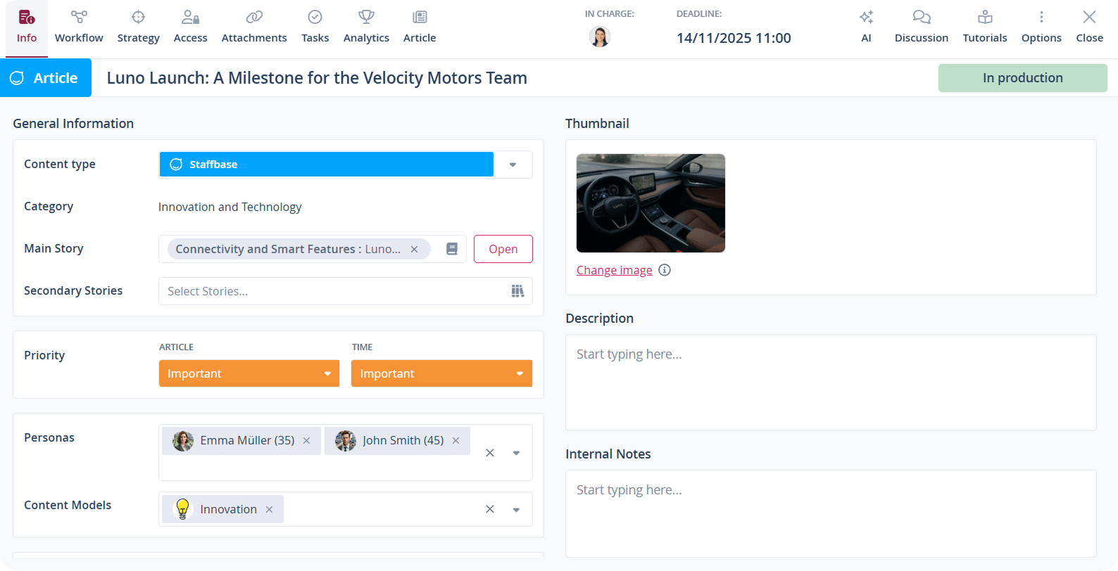 The software interface displays efficient article management for structured planning of digital content.