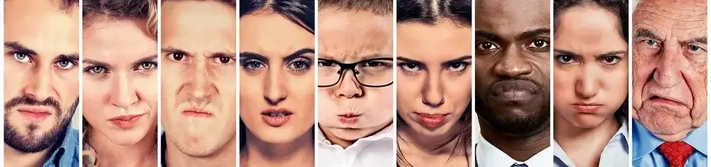 Menschen Collage zeigt w&uuml;tende Gesichter sowie vielf&auml;ltige Mimik und Emotionen in einer Portr&auml;treihe.