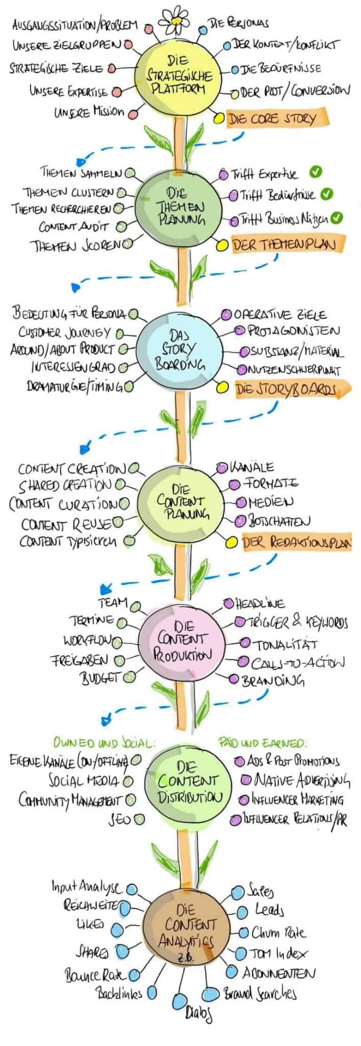 Strategieblume zur Entwicklung einer Content Strategie 13 Grafik einer Strategieblume zur Entwicklung der Content Strategie mit Prozessschritten von Planung bis Analytics.