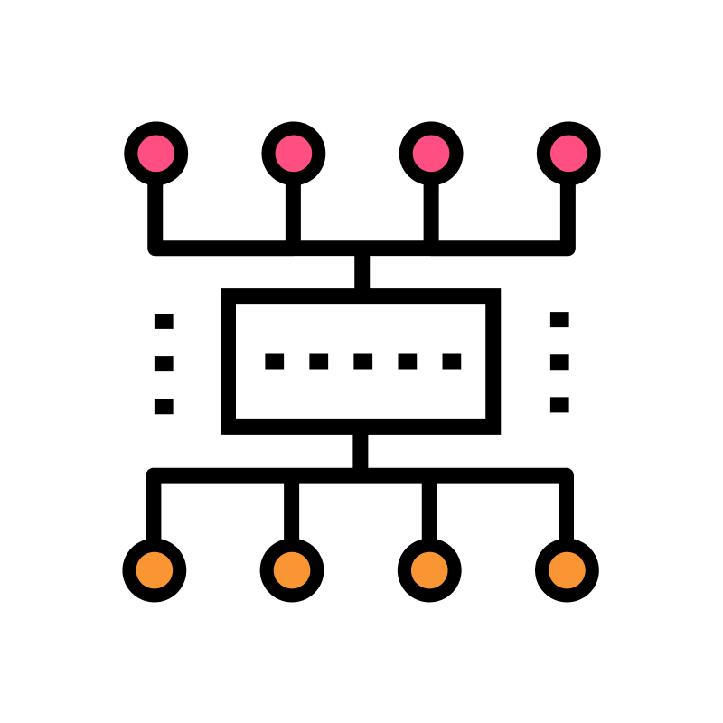 Ein abstraktes Strukturdiagramm visualisiert eine Hierarchie und ein Netzwerk miteinander verbundener Elemente.