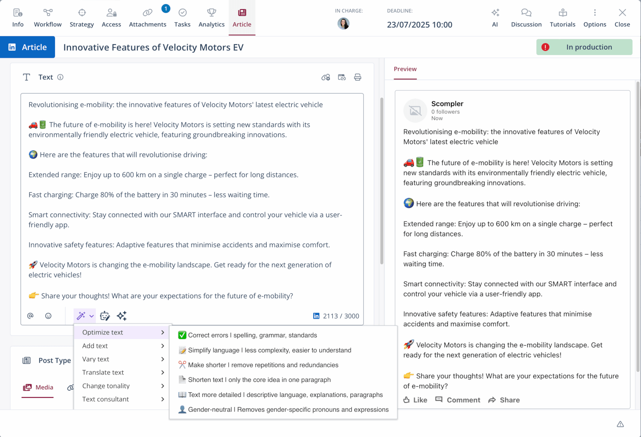 An AI writing assistant in the Content Editor for efficient text optimization of social media posts.