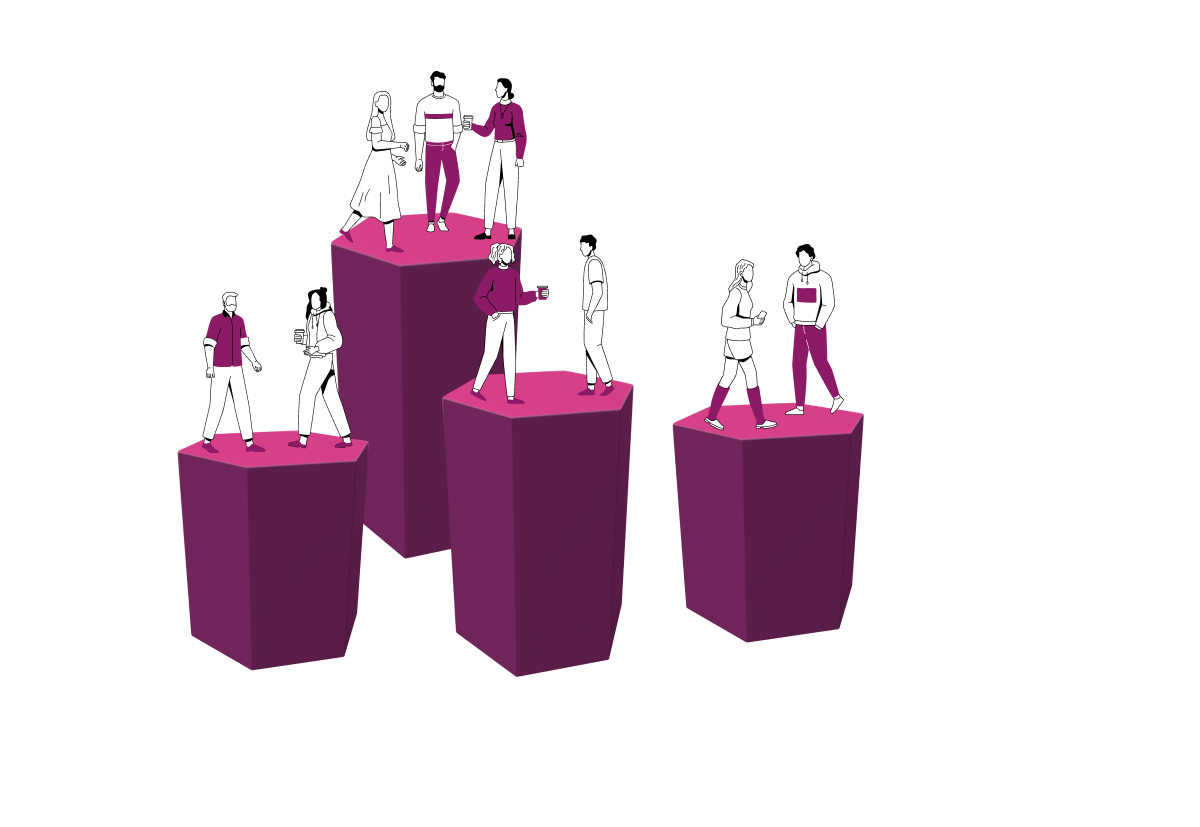 Illustration: Kommunikation durch Kollaboration auf Podesten zum gemeinsamen Wertsch&ouml;pfungsbeitrag im Unternehmen.