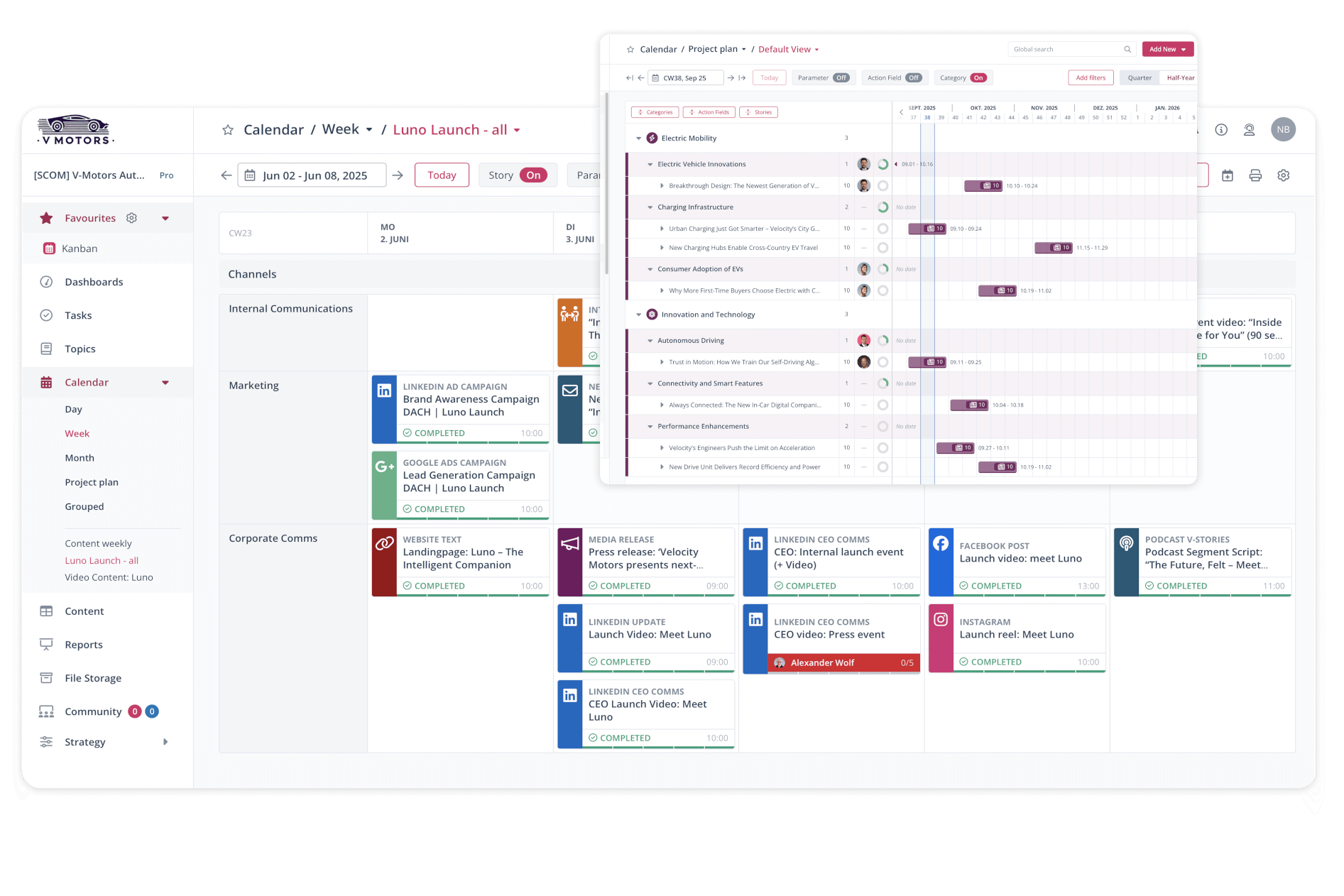 Marketingplanung smart: Content Kalender in Projektmanagement Software 15 Übersichtlicher Content Kalender für effiziente Marketingplanung und Projektmanagement mit intuitiver Software-Oberfläche zur Aufgabenverwaltung.
