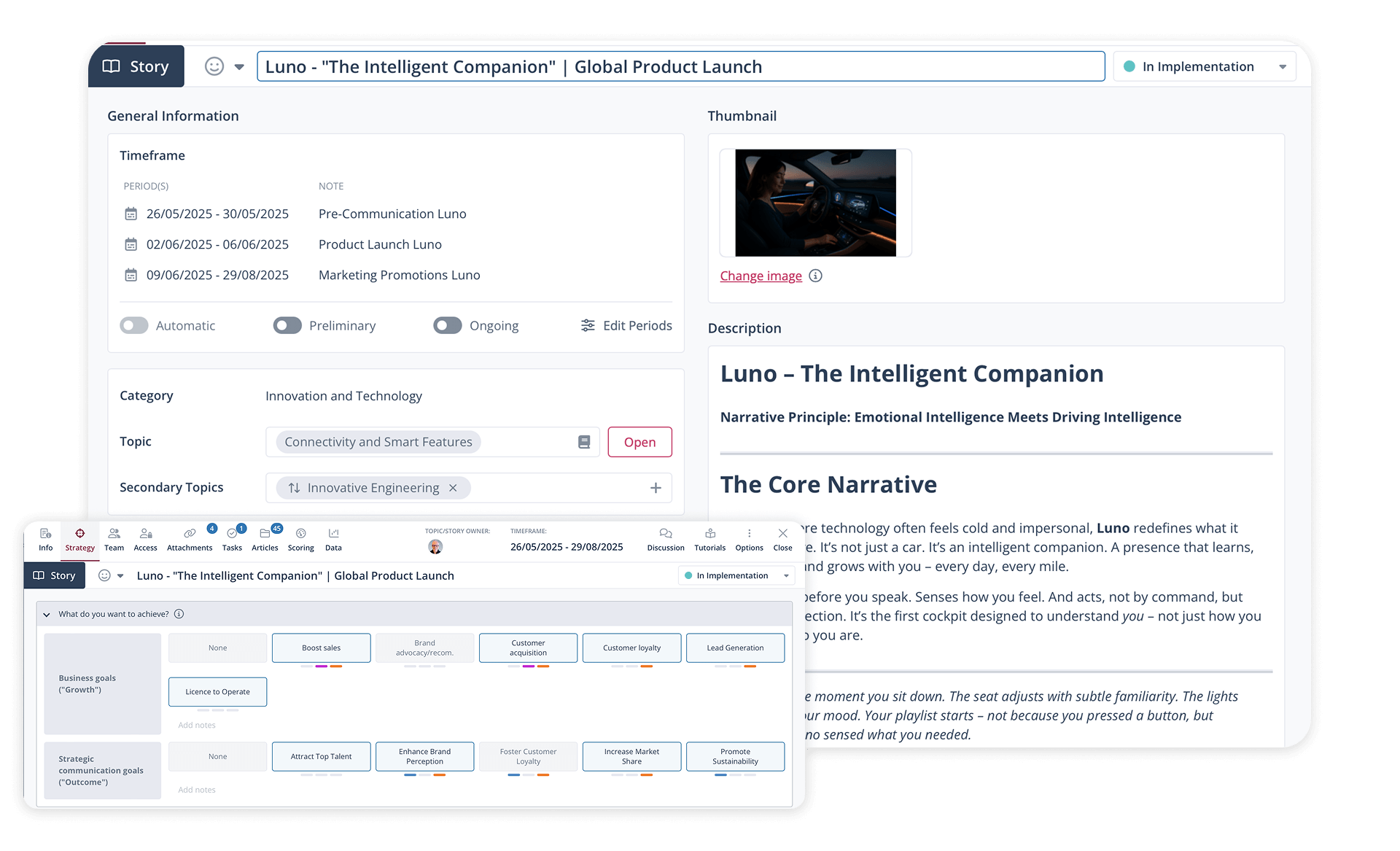 A modern project management system tool supports strategic product launch planning with schedules and targets.