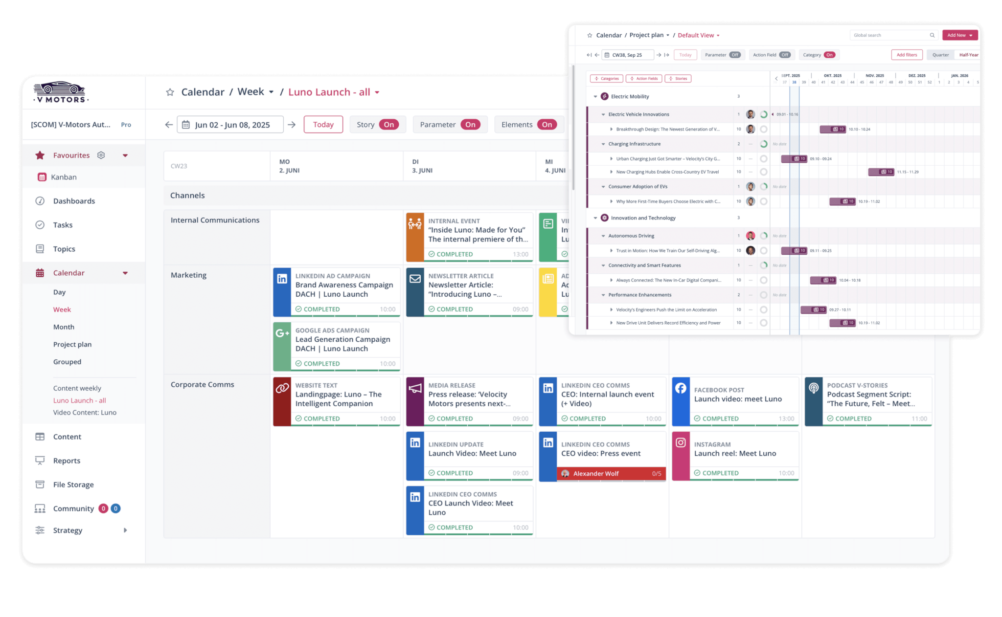 Digital project management software visualizes a marketing calendar and content planner for efficient campaign planning.