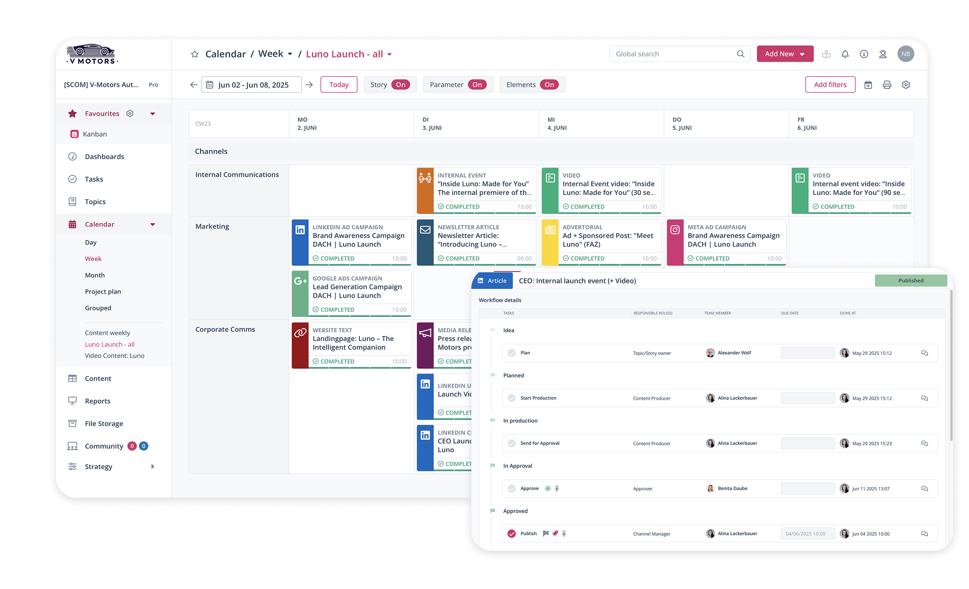 Digital editorial calendar for efficient workflow management and strategic content planning in marketing teams.