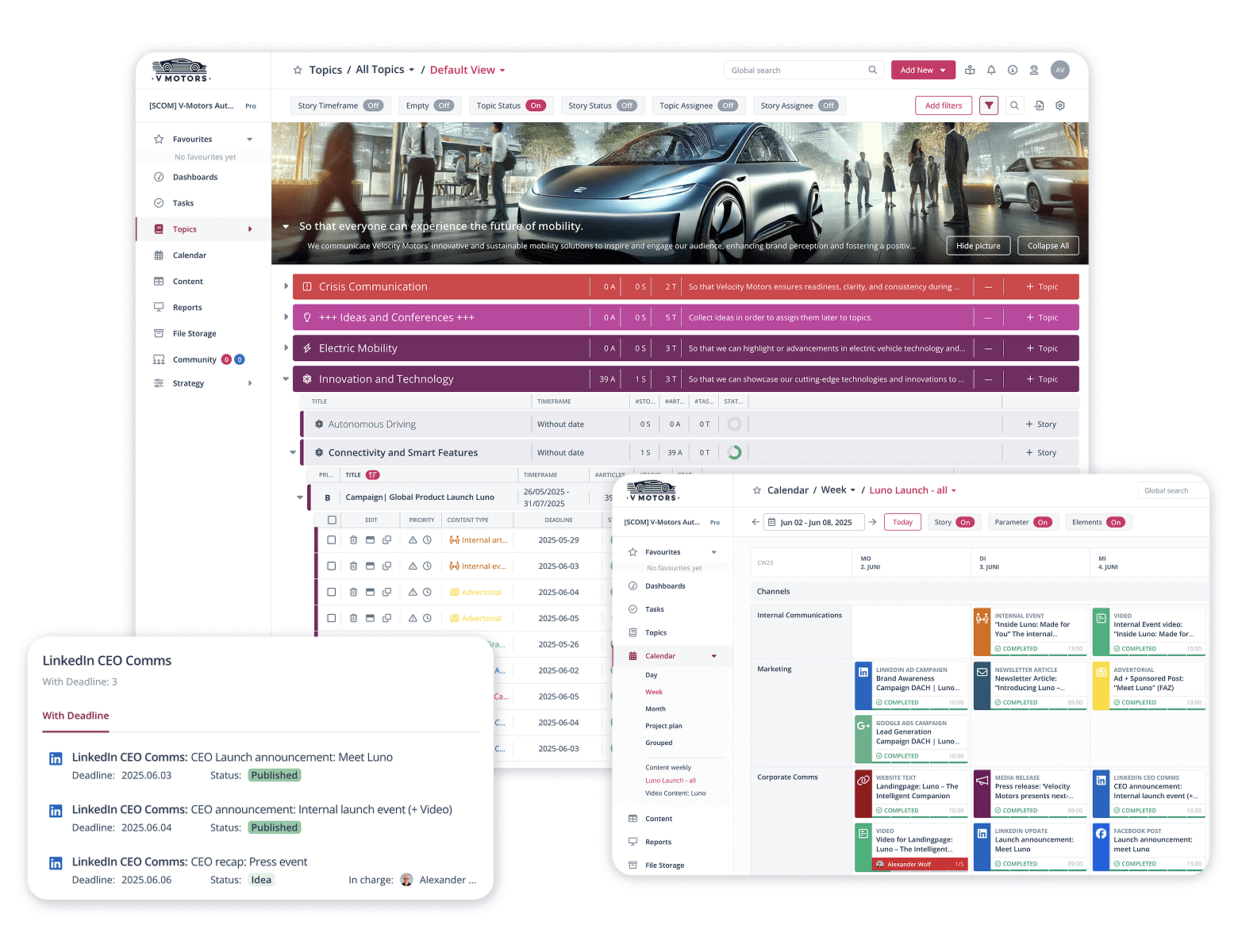 Scompler Content Strategie Tool mit Social Media Kalender und Redaktionsplan Software Ansicht zur Planung.