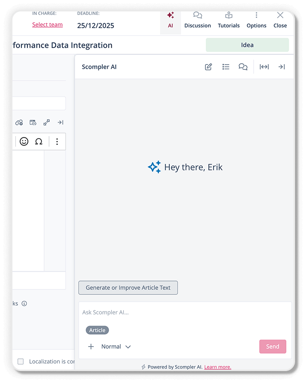 Die Benutzer&ouml;berfl&auml;che der Scompler Ai zeigt Funktionen f&uuml;r eine effiziente Data Integration und Textgenerierung.