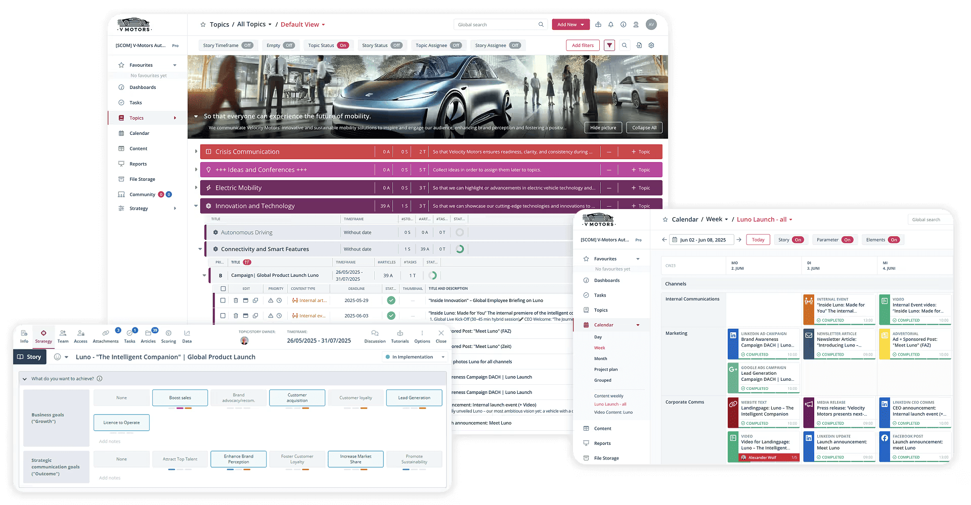 The Scompler user interface displays digital communication planning and strategic management in an overview.