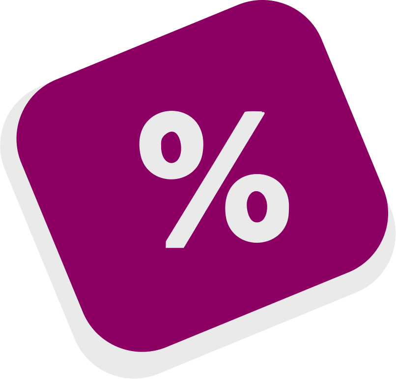 Visually appealing scomper percentage icon in bright purple, indicating exclusive savings offers and discounts.