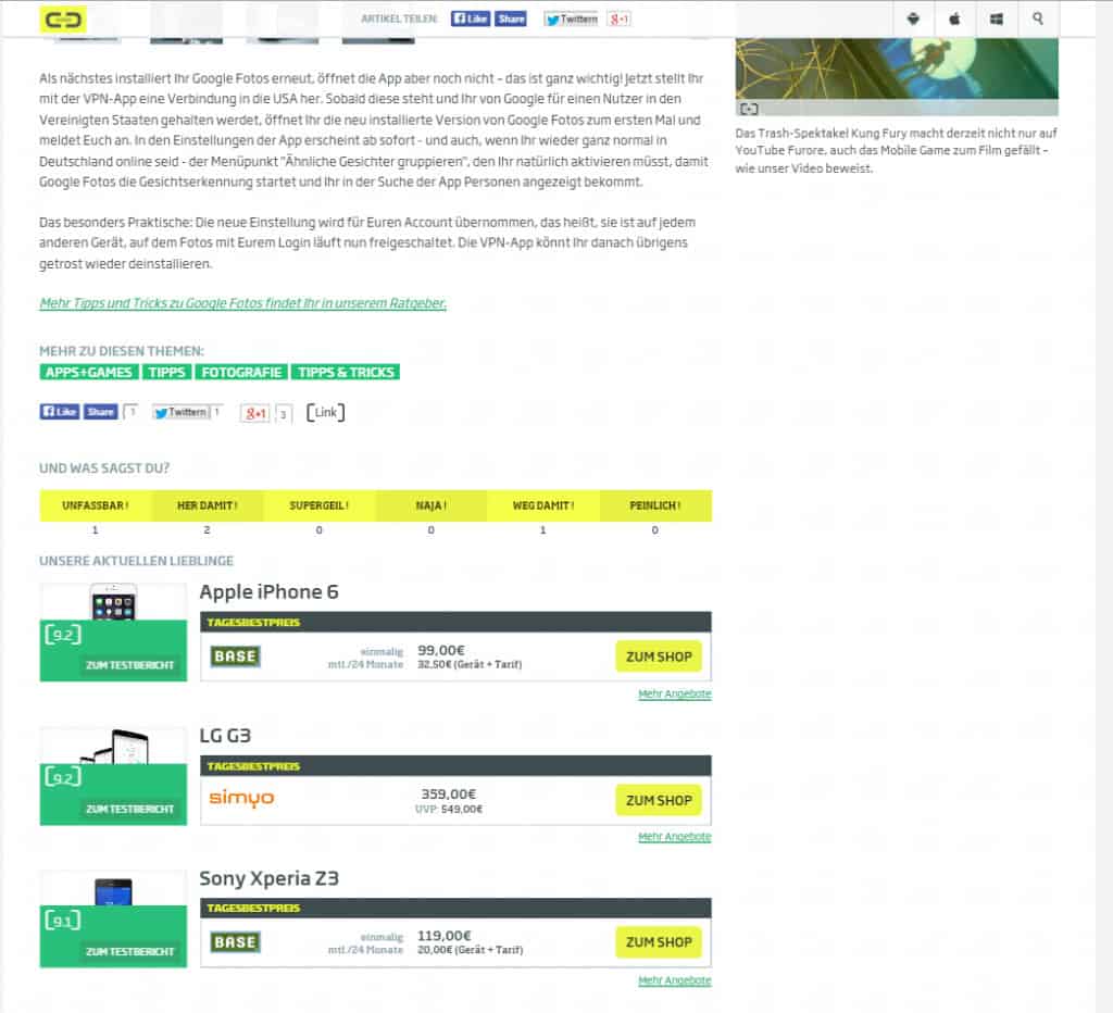 Smartphone Testberichte und VPN App Screenshot Guide 14 Screenshot of a website with smartphone reviews and tips on installing a secure VPN app.