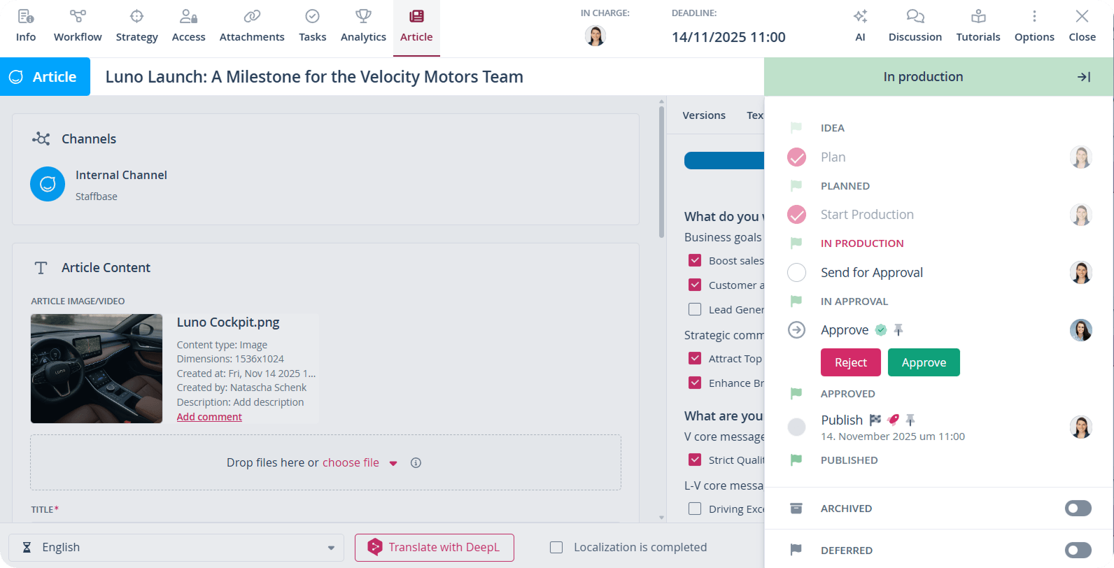 The Staffbase user interface displays a post in the approval process with a clear workflow structure.