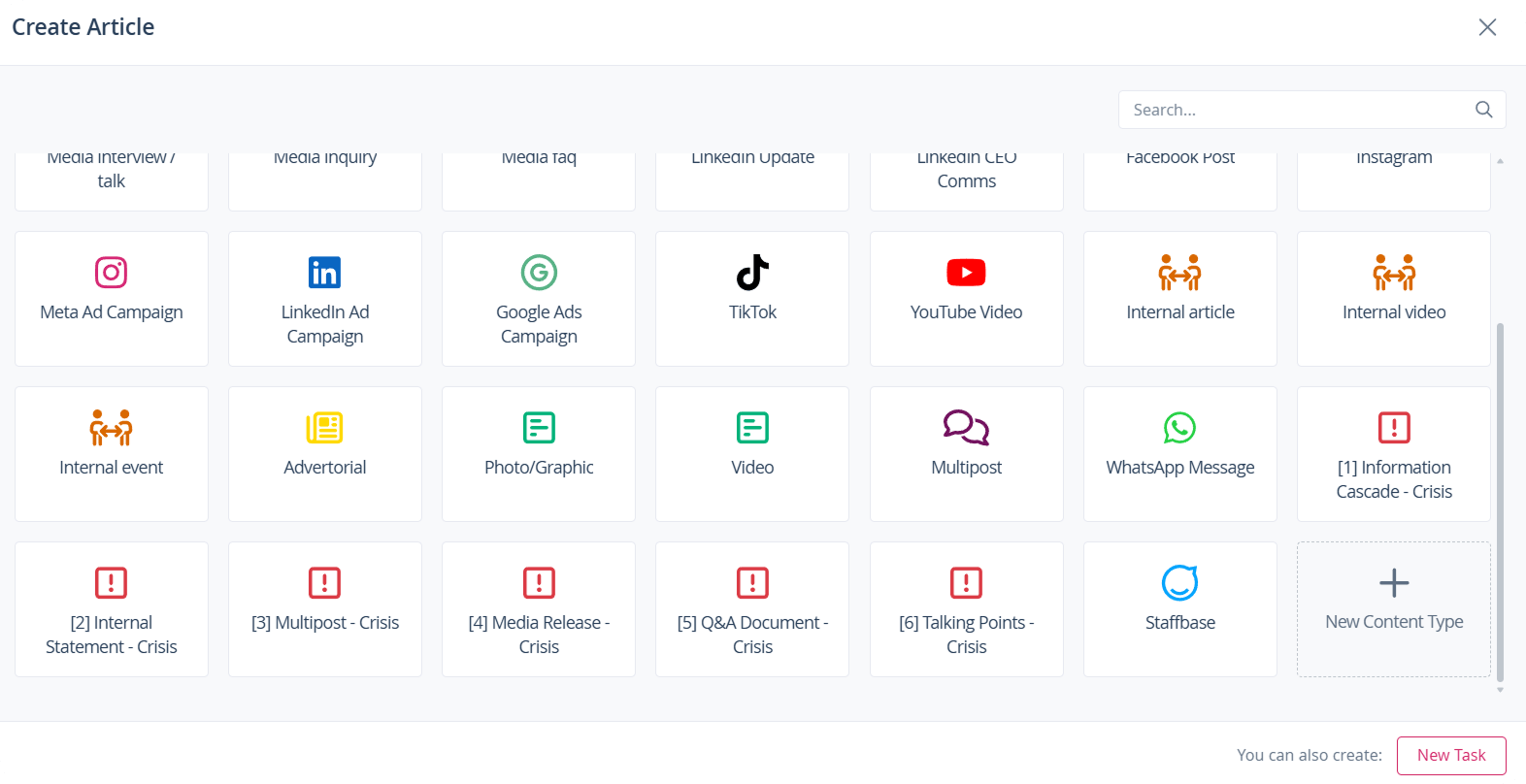 Staffbase content creation in the Scompler app: Overview of the selection of different content types for effective marketing.